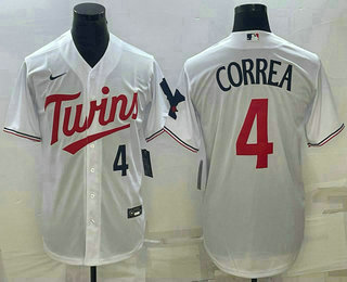 Mens Minnesota Twins #4 Carlos Correa Number White Red Stitched MLB Cool Base Nike Jersey->minnesota twins->MLB Jersey